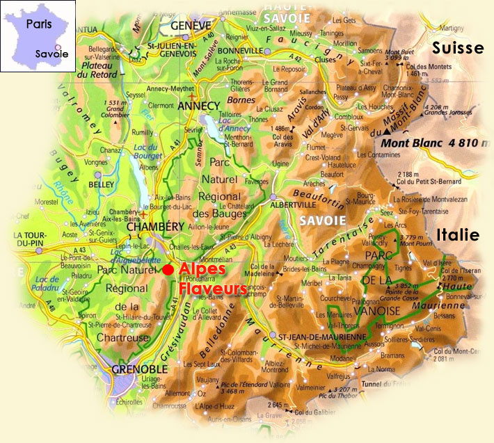 Localisation d'Alpes Flaveurs, entre le parc naturel des Bauges et celui de chatreuse, face à la chaîne des Belledonnes, près de Chambéry, Grenoble et Albertville, Genève, Annecy, Lyon, Chamonix, sur la route des stations de ski et de l'Italie, près du Mont Blanc et du Val d'Aoste, de Aix les Bains, de Chamonix et du Mont Blanc, près de Turin, près du Lac du Bourget et du Lac d'Annecy d'Aiguebelette et léman